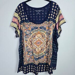 Lucky Brand Womens Aztec Short Sleeve Top Size 2X Blue Boho Festival Gypsy Artsy